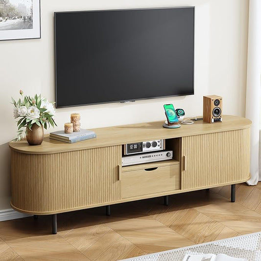 ONBRILL 69" TV Stand with Power Outlet for TVs up to 80", Entertainment Center with Storage and Drawer, TV Console with Adjustable Shelves and Sliding Door, TV Stand for Living Room, Bedroom, Oak