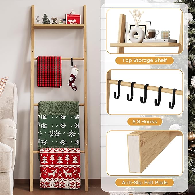 63" Bamboo Blanket Ladder with Shelf and 5 Hooks, 4 Tier Leaning Blanket Rack, Farmhouse Towel Ladder Rack, Decorative Quilt Rack Holder for Living Room Bedroom Bathroom, Natural Wood
