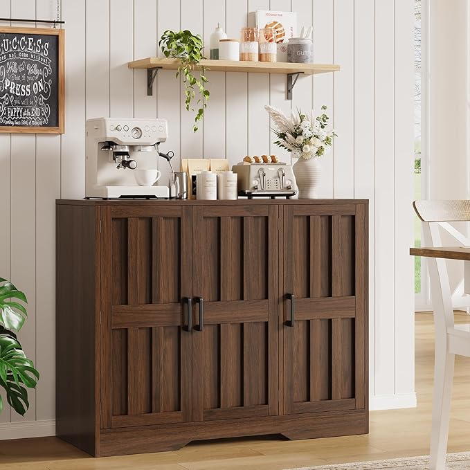 Modern Farmhouse Buffet Cabinet with Storage, 42" Large Sideboard Storage Cabinet with 3 Barn Doors, Coffee Liquor Bar Cabinet Wood Table Credenza with Adjustable Shelf for Kitchen Dining Living Room