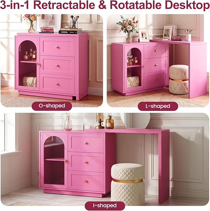 RoyalCraft 59" Makeup Vanity Desk, Pink Vanity Dresser, L Shaped Corner Vanity Table with 3 Drawer & 1 Door, Modern Extendable Dressing Table for Bedroom, Dressing Room, Small Space (Without Mirror)