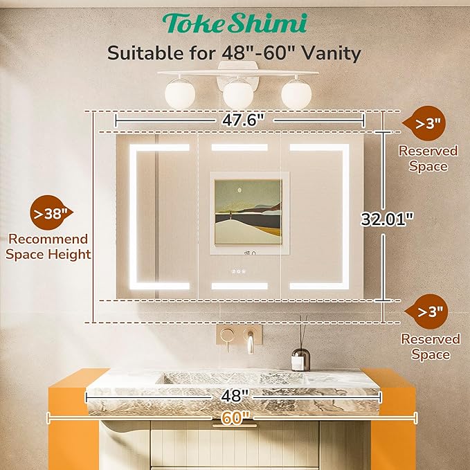 TokeShimi 48x32 Lighted Medicine Cabinet with Mirrored and Sockets, Anti-Fog Led Medicine Cabinet Mirror with Lights 3 Colors Dimmable, Frontlit Mirror with Storage Bathroom Vanity, Surface/Recessed