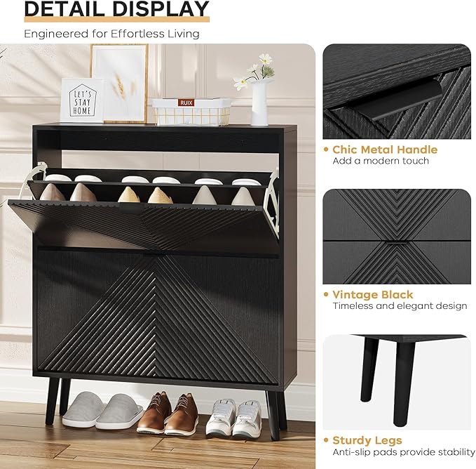 oakvivo Shoe Cabinet Storage, Farmhouse Freestanding Organizer with 2 Flip Drawers and 4 Wooden feet, Narrow Shoe Rack Cabinet for Entryway, Foyer, Hallway, Black
