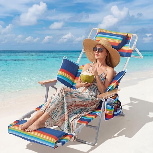 5-Positon Backpack Beach Chair, Portable Folding Tanning Chair, Double Shoulder Straps Beach Lounge Chair with Footrest, Face Hole, Towel Bar for Camping (Red Blue, 60.6")