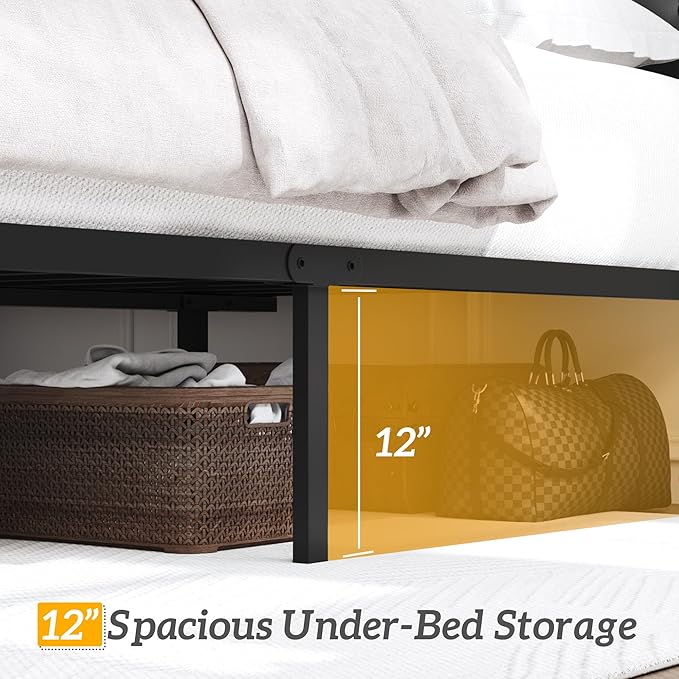 HISOFT Twin Bed Frame with Upholstered Button Tufted Headboard, Bed Frame Platform Metal Slats Support, Under Bed Storage, No Box Spring Needed, Noise-Free, Easy Assembly, Black