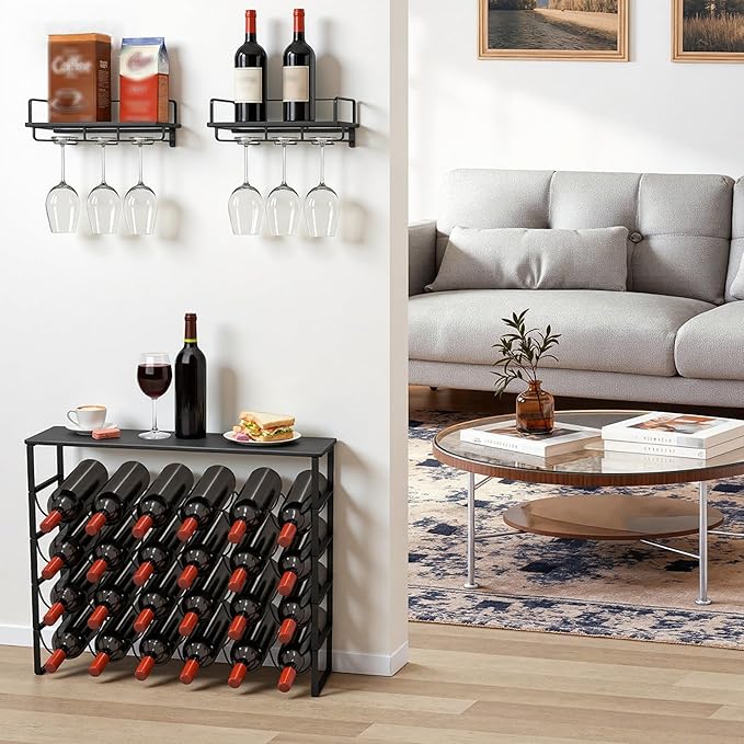 TONLEA 4 Tier Wine Rack - 3-in-1, Stackable, 24-Bottle Wine Storage Rack with Wood Top for Cabinet or Pantry (Dark Black, Version 3.0)