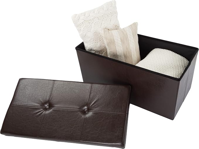 Storage Ottoman - 30-Inch Folding Faux Leather Footrest, Linen Chest, or Bench with Removable Bin for Living Room or Bedroom by Lavish Home (Brown)