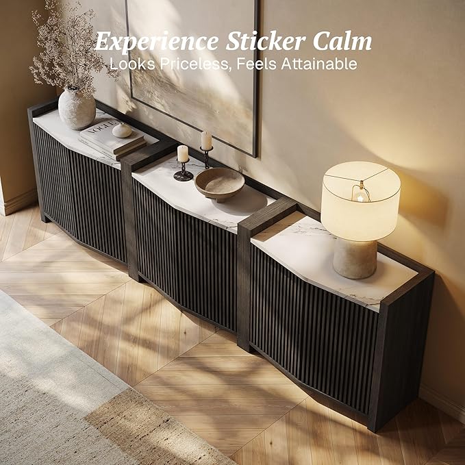 BELLEZE Set of 4 Modular Sideboard Buffet Cabinet with Storage,140 Inch Modern Credenza with Adjustable Shelves, Fluted Black Console Table with Faux Marble Panel for Kitchen, Entryway, Dining Room