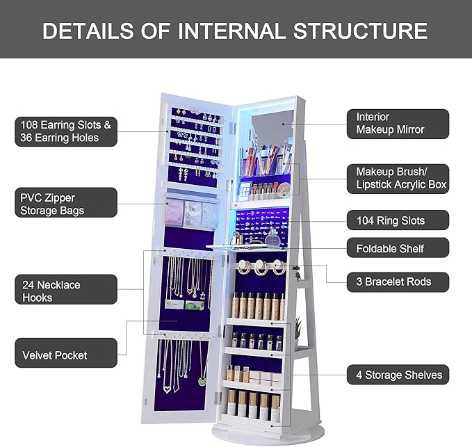 HNEBC LED Light Jewelry Organizer Mirror 360° Rotating, Jewelry Armoire with Door Mirror, Full Length Mirror Jewelry Cabinet, Mirror with Jewelry Storage, Large Jewelry Boxes & Organizers（B_White）