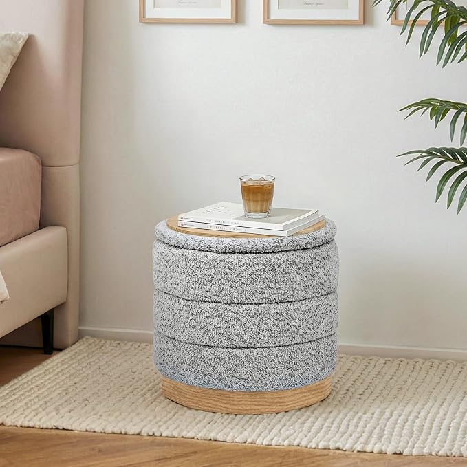 Round Storage Ottoman with Reversible Tray Lid, Folding Chenille Fabric Footrest with Hidden Storage, 15.4" Footstool for Small Spaces Living Room Bedroom, Wood Grain Base, Sliver Grey