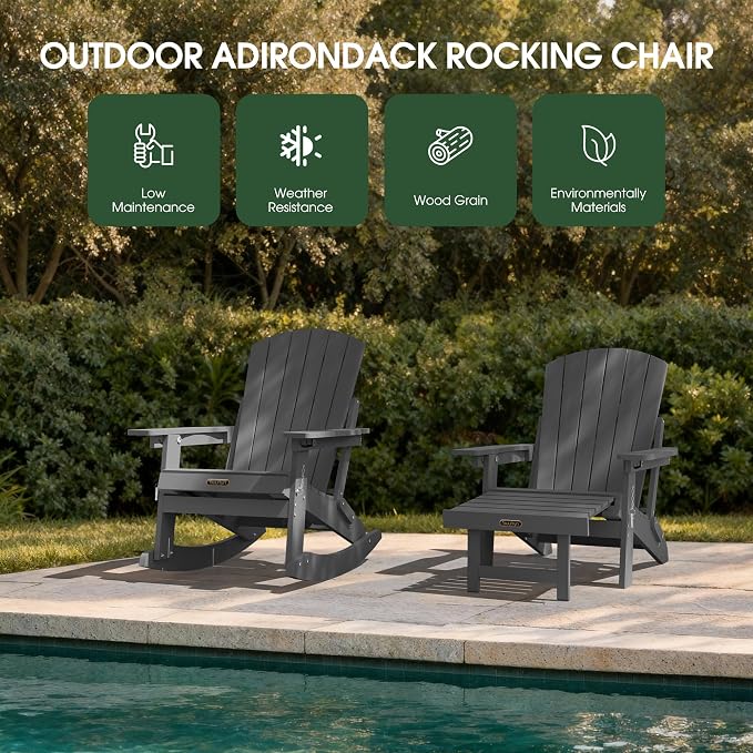Adjustable Adirondack Rocking Chair Set of 4 with Retractable Ottoman Footrest, 4-in-1 Foldable HDPE Outdoor Rocker, Weather Resistant Adirondack Chair for Porch, Garden & Poolside, Grey