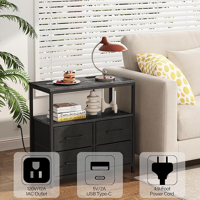 TUTOTAK Large Night Stand with Charging Station, Nightstand with USB and Type-C Port, Bedside Table with Cloth Drawers, End Table for Livingroom, Bedroom, Charcoal Grey TB01BY081