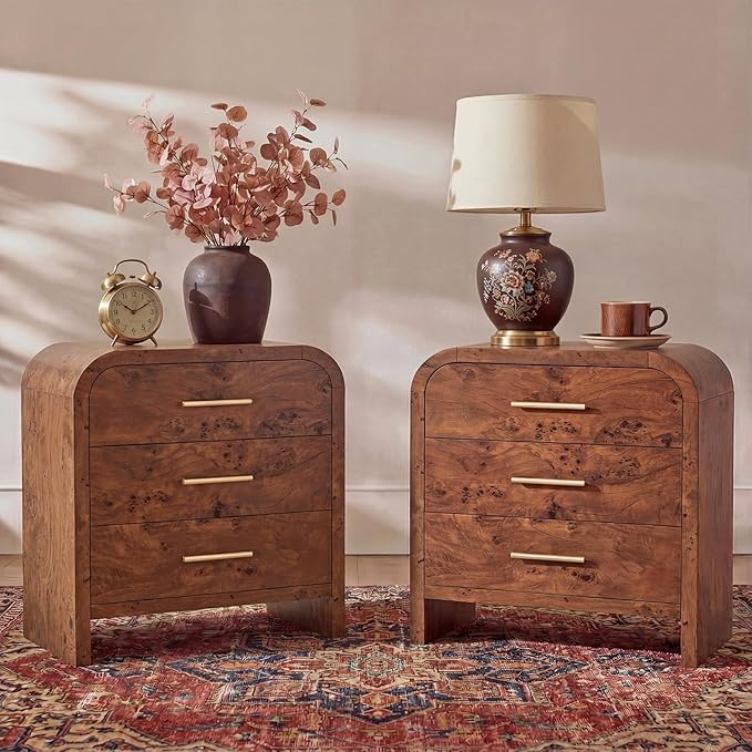 Farmhouse Nightstand Set of 2, 23.5" Curved Modern Night Stand with 3-Drawer, Bedside Table, End Table for Bedroom, Storage Cabinet for Home Office Entryway, Dark Burl