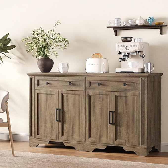 ONBRILL 55" Sideboard Buffet Cabinet, Kitchen Buffet Storage Cabinet, Large Credenza with Drawers & Doors, Wood Coffee Bar Console Wine Bar for Living Room Hallway Washed Brown
