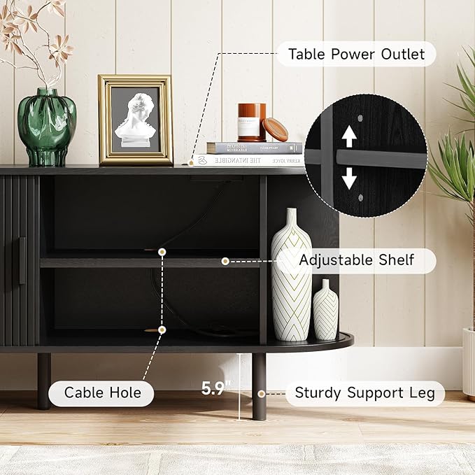ONBRILL 70.8" TV Stand with Power Outlet for TVs up to 75 Inch, Entertainment Center with Storage and Adjustable Shelves, Modern Media Console with Sliding Doors for Living Room, Black