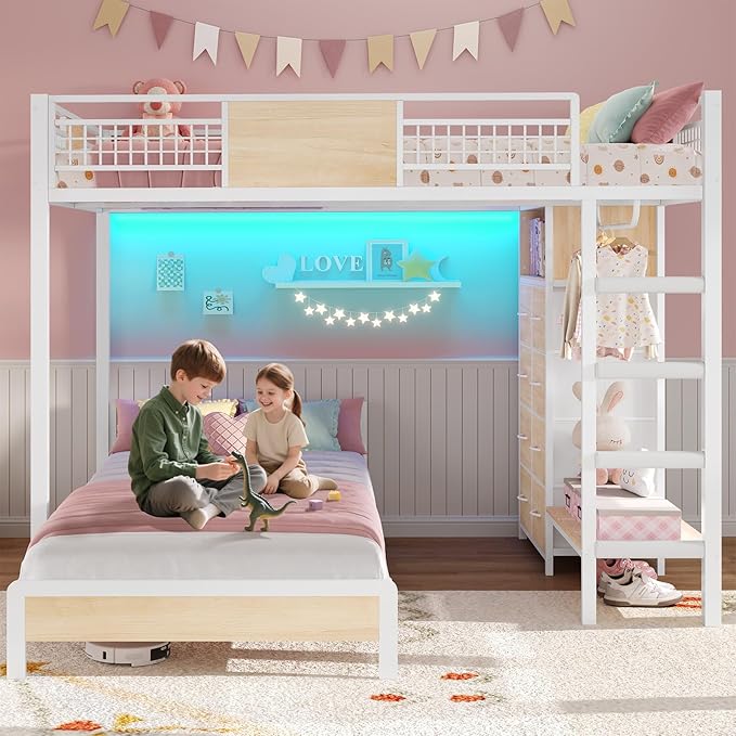 ADORNEVE Full Over Twin Bunk Bed with 8 Storage Drawers, Metal Loft Bed with Led Lights & Storage Shelves, Bunk Beds Twin over Full Size with 13.4" H Safety Guardrail & Ladder, for Kids & Teens, White