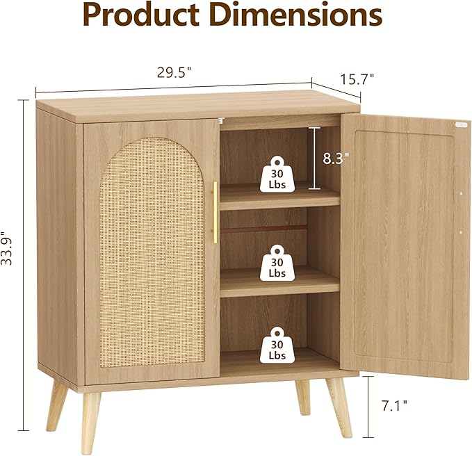 15.7"D Rattan Buffet Sideboard Cabinet with Storage, Modern Accent Cabinet with Adjustable Shelf & Solid Wood Legs, Coffee Bar Cabinet with Doors for Kitchen, Living Room, Entryway, Natural Oak