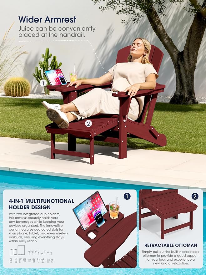 KINGYES Adjustable Folding Adirondack Chair with Footrest & 4-in-1 Multi-Functional Armrest Organizer Set of 4, HDPE Foldable Recliner Adirondack Chair with Pull-Out Ottoman, Red