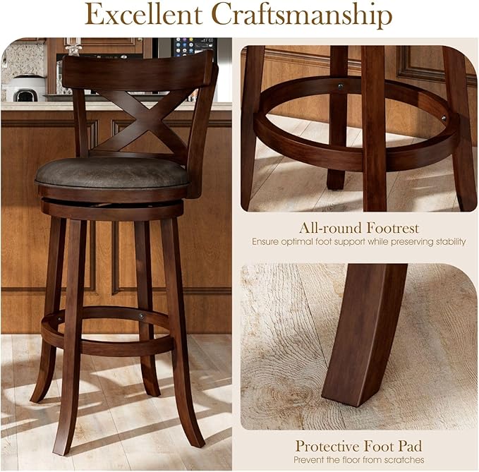 Sophia & William Swivel Bar Stools Set of 6, 30 Inch Bar Height Barstools with Cross Back & Solid Wood Legs, Kitchen Island Bar Chairs, Brown