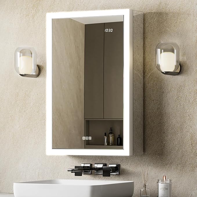 LED Medicine Cabinet, 20x32 Surface or Recessed Medicine Cabinet with Mirror and Light, 3 Color Dimmable Fog-free Lighted Medicine Cabinet with Outlet & Clock,Built-in Sensor Lamp,Right Hinge