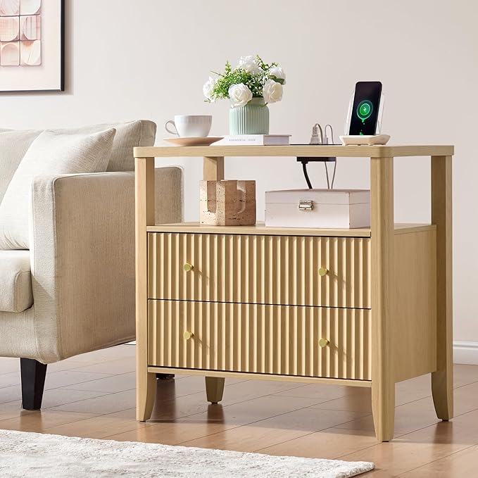 Fluted Nightstand with Charging Station, 27.3" Wide Modern Bedside Table with 2 Drawers & Open Shelf, Large Wood End Table with Storage & Metal Handle for Bedroom, Living Room, Natural Wood