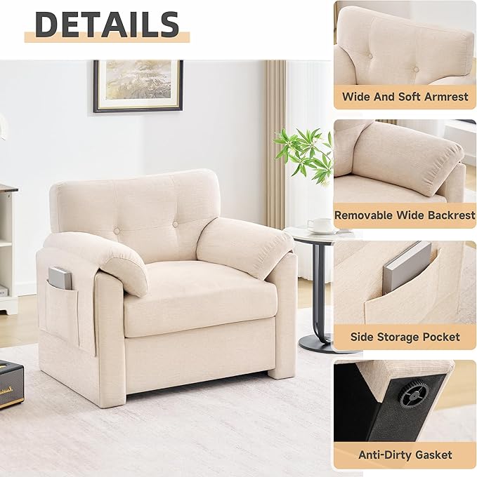 Howjoe Chenille Oversized Armchair, 37.8" Wide Accent Chairs for Living Room & Bedroom Modern Lounge Chair, Upholstered Mid-Century Reading Chair with Arm Pocket, Comfy Living Room Chair, Beige
