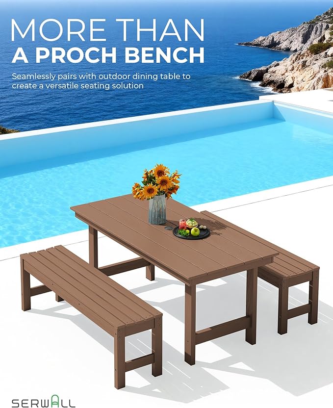 SERWALL 47 Inches Outdoor Bench, All Weather HDPE Backless Bench with Wood Grain Texture for Garden Porch and Park, Curved Bench Seat for Comfort, Brown
