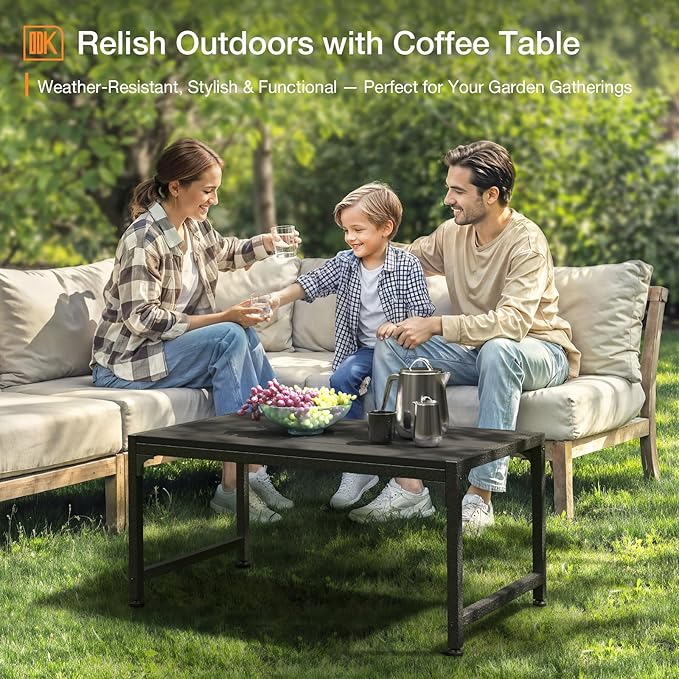 ODK Outdoor Coffee Table, Rectangle Weather-Resistant Patio Coffee Table for Garden, Balcony, Hot Tub, Poolside, Heavy-Duty Metal Frame, Black