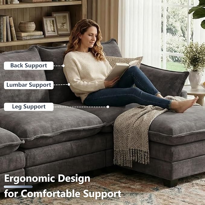 U Shaped Modular Sectional Sofa, Cloud Couch with Movable Ottoman, Comfy Chenille Sofa with Pillows for Living Room, Bedroom, Apartment, Dark Gray