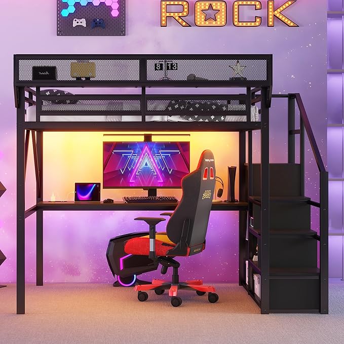KEIKI Queen Size Metal Loft Bed Frame with Desk, Staircase, Built-in Storage Shelves and Wardrobe, Modern Loft Bed with Solid Slat, Guardrail, No Box Spring Required, Easy Assembly, for Bedroom, Black