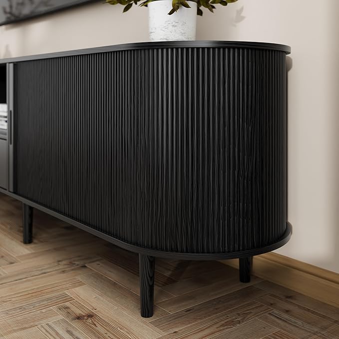 DHH 86.6" Fluted TV Stand with Power Outlet for TVs up to 90", TV Console with Adjustable Shelves and Sliding Door,Mid Century Modern Entertainment Center for Living Room,Bedroom (Black, 86.6Inch)