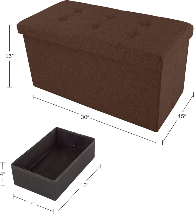 Lavish Home Folding Storage Ottoman - 30-Inch Tufted Footrest, Linen Chest, or Bench with Removable Bin for Living Room, Bedroom, or Dorm (Brown)