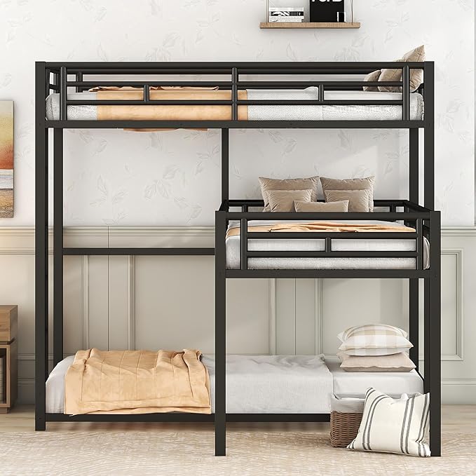 MERITLINE Metal Triple Bunk Bed for Kids, L-Shaped Twin Over Twin & Twin Bunk Bed Frame, 3 in 1 Bed Bunk Beds with Guardrails and Ladders for Teens Adults, Black