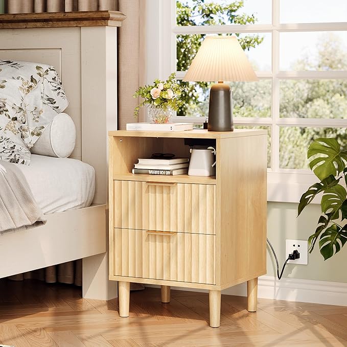 VINGLI Fluted Nightstand with Charging Station, Wood Nightstand with 2 Drawers Night Stand for Bedroom, Fluted Bedside Table/End Table/Side Table with Pine Wood Legs, Oak, 15.75" W*15.55" D*23.62" H