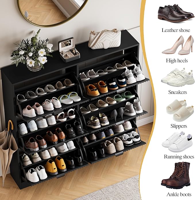 HUANLEGO Shoe Cabinet Storage for Entryway with 6 Flip Drawers, Black Fluted Shoe Cabinet with Adjustable Shelves, Wooden Hidden Shoe Rack Freestanding Narrow Slim Shoes Storage for Hallway, Entrance