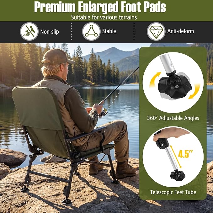 GYMAX Foldable Fishing Chair, Heavy Duty All-Terrain Camping Chair, 180° Adjustable Padded High-Back, Portable Recliner for Outdoor Patio Beach (No Footrest)