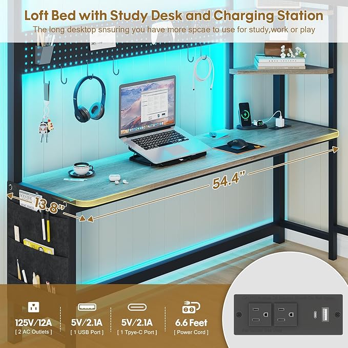 BYSAUD Full Size Loft Bed, Loft Bed with Desk, Full Loft Bed, 6 Storage Drawers & 4 Storage Shelves & 2 Storage Bags, LED Lights & Charging Station, Safety Guard & Ladder, Noise Free, Oak Gray