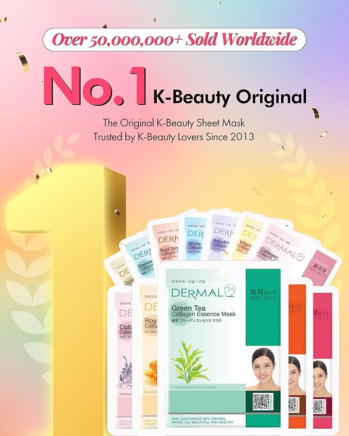 DERMAL 26 Combo Pack Collagen Essence Korean Face Mask (Green & Yellow) - Hydrating & Soothing Facial Mask with Panthenol - Hypoallergenic Sheet Mask for All Skin Types - Home Spa Treatment Mask