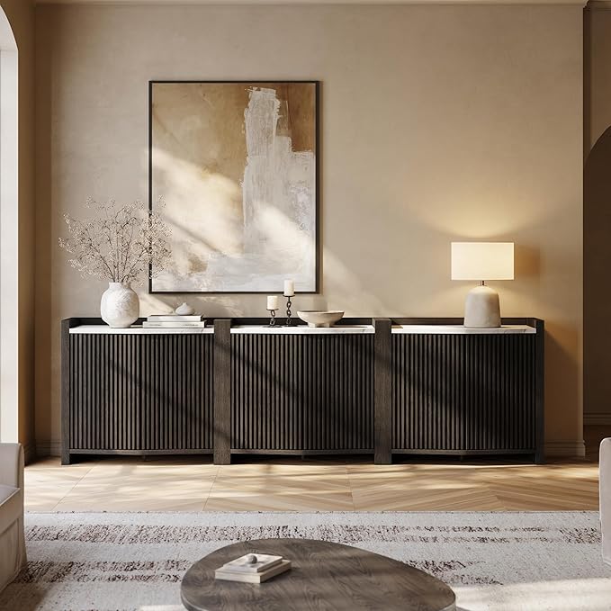 BELLEZE 105'' Modern Credenza with Adjustable Shelves, Set of 3 Modular Sideboard Buffet Cabinet with Storage,Fluted Black Console Table with Faux Marble Panel for Kitchen, Entryway, Dining Room