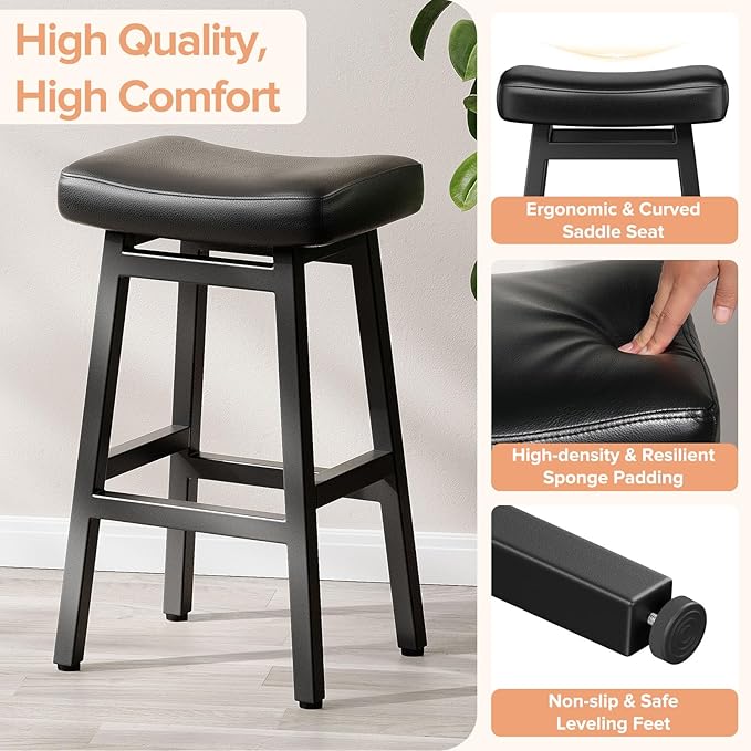 Raynesys 29 Inches Bar Stools Set of 2, Bar Height Barstools for Home Counter, Blackless Barstool with Bonded Leather Saddle Seats & Heavy Duty Metal Legs, Easy Assembly, All Black