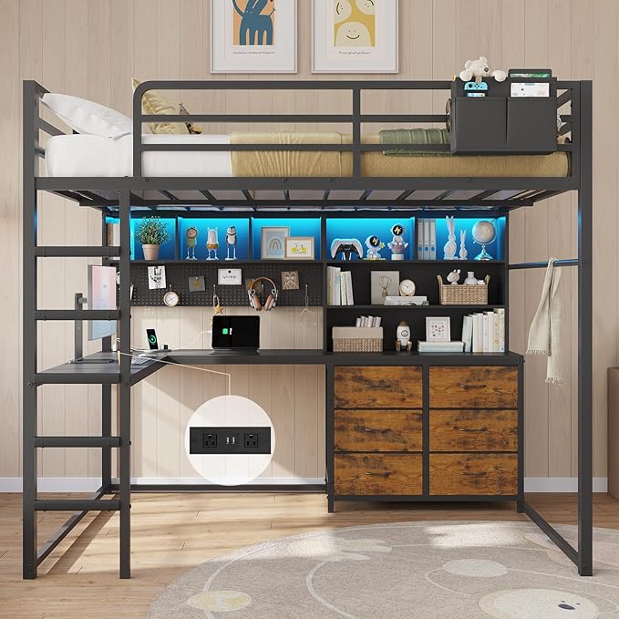 DICTAC Full Size Loft Bed with L-Shaped Desk,Bookshelf and Charging Station Metal Full Loft Bed with 6 Storage Drawers,Open Shelves and Hutch,Teen loft beds with Led Lights and Safety Guardrail,Black
