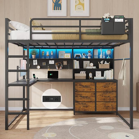 DICTAC Full Size Loft Bed with L-Shaped Desk,Bookshelf and Charging Station Metal Full Loft Bed with 6 Storage Drawers,Open Shelves and Hutch,Teen loft beds with Led Lights and Safety Guardrail,Black