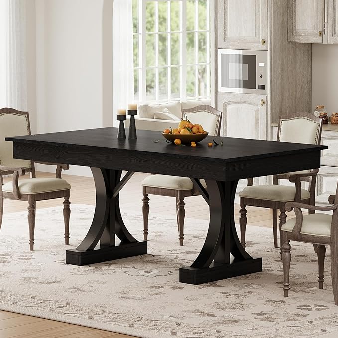 Garvee 71-Inch Dining Table with 2 Drawers,Rectangular Dining Table for 6-8 with Double Pedestal & Sturdy Frame, Industrial Wooden Kitchen Table with Large Tabletop, for Dinner, Rustic Black