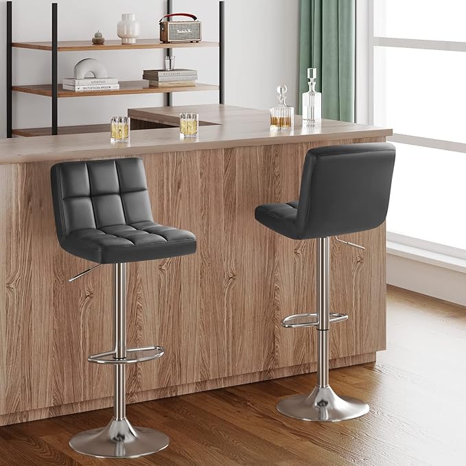 Furmax Bar Stools Modern Pu Leather Swivel Adjustable Hydraulic Bar Stool Square Counter Height Stool Set of 2 (Gray)
