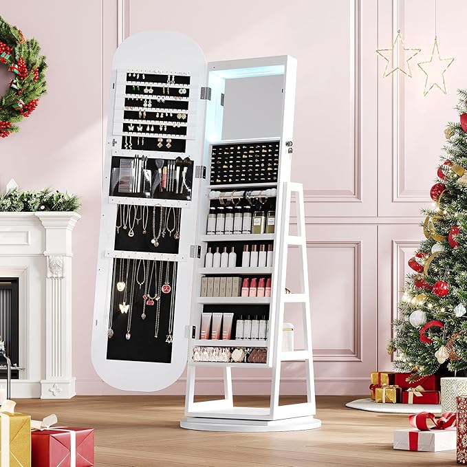 360° Swivel Jewelry Mirror Cabinet with Lights, Inside Makeup Mirror, Standing Jewelry Armoire Organizer, Rotatable Full-Length Mirror with Jewelry Storage, Lockable with Back Storage Shelves (White)