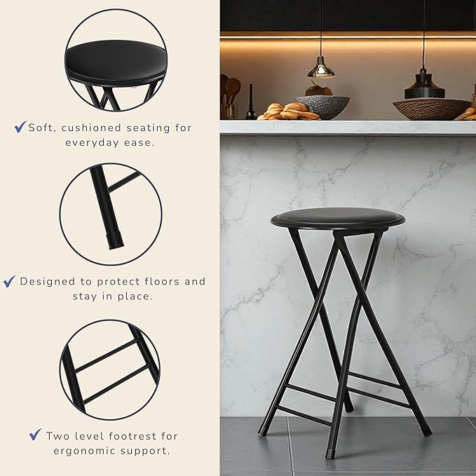 Lavish Home Folding Stool - Set of 2 Counter Height Bar Stools – 24-Inch Backless Folding Chairs with 225lb Capacity for Kitchen, Rec Room, or Game Room (Black)