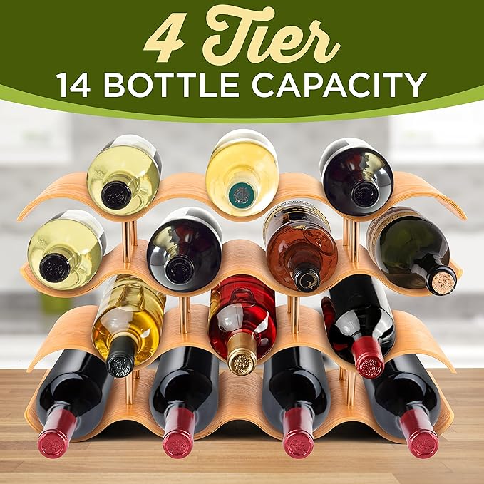 NutriChef Bamboo Wine Rack - 4 Tier Countertop Shelf with Slots that Holds 14 Bottles, Unique Stackable Wooden Holder, Save Space for Cabinet, Kitchen and Pantry, Modern Contemporary Wave Design