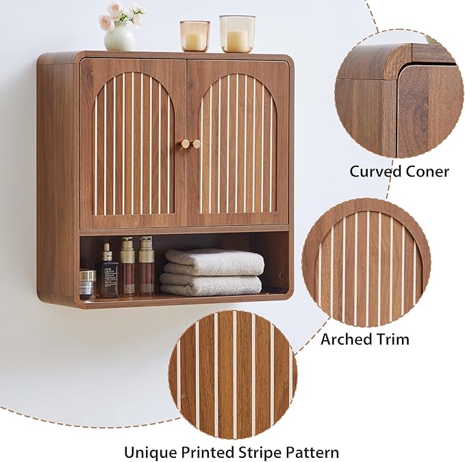 Wall Mounted Storage Cabinet for Bathroom, Mid-Century Wood Medicine Cabinet with Adjustable Shelf & Door, Over Toilet Organizers for Bathroom, Laundry Room, Kitchen (Walnut Color)