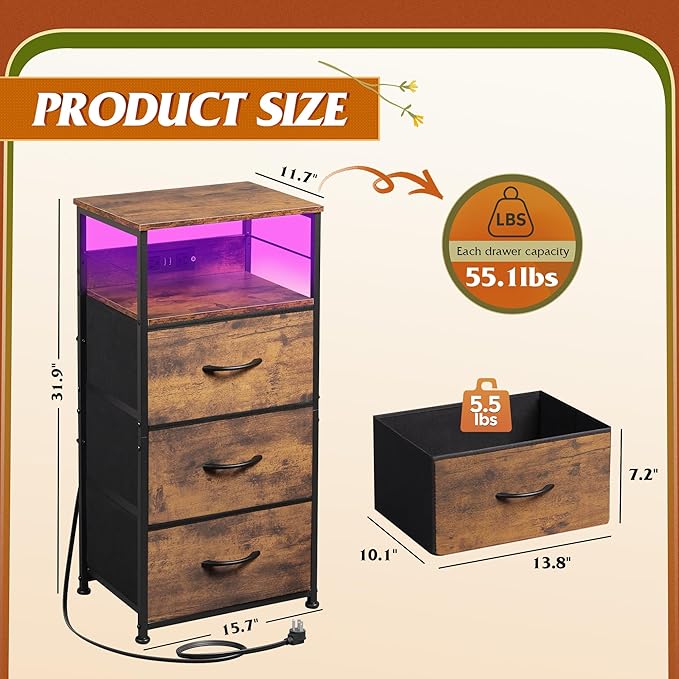 WLIVE Nightstand with Charging Station, 31.9" H Nightstand with 3 Fabric Drawers, LED Bedside Table with USB Ports and Outlets, End Table for Dorm, Bedroom, Entryway, Rustic Brown