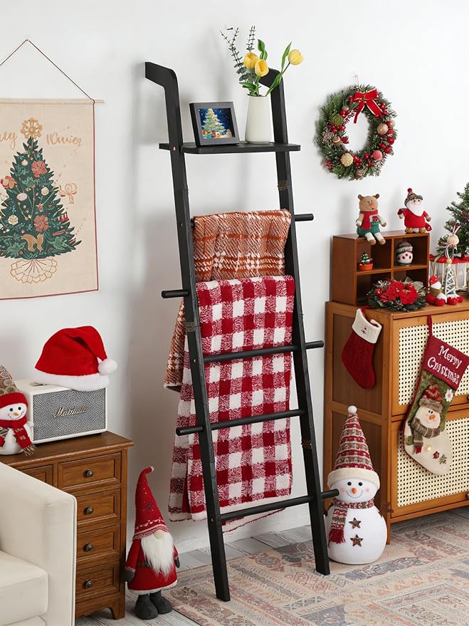 Black Blanket Ladder with Top Shelf for the Living Room - 67in Decorative Wooden Blanket Holder, 5 Tier with Side Hooks for Hanging - Rustic Farmhouse Towel Ladder Throw Rack for Organizer and Display