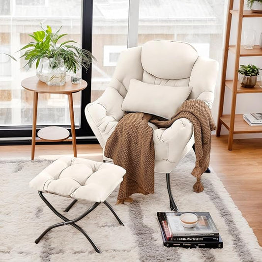 Furlide Lazy Chair with Ottoman, Comfy Fabric Accent Lounge Arm Chair with Lumbar Pillow and Folding Footrest, Reading Leisure Sofa Chair for Bedroom, Living Room, Dorm,Beige